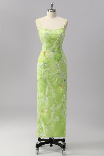 Green Sheath Sequins Spaghetti Straps Beaded Prom Dress with Slit